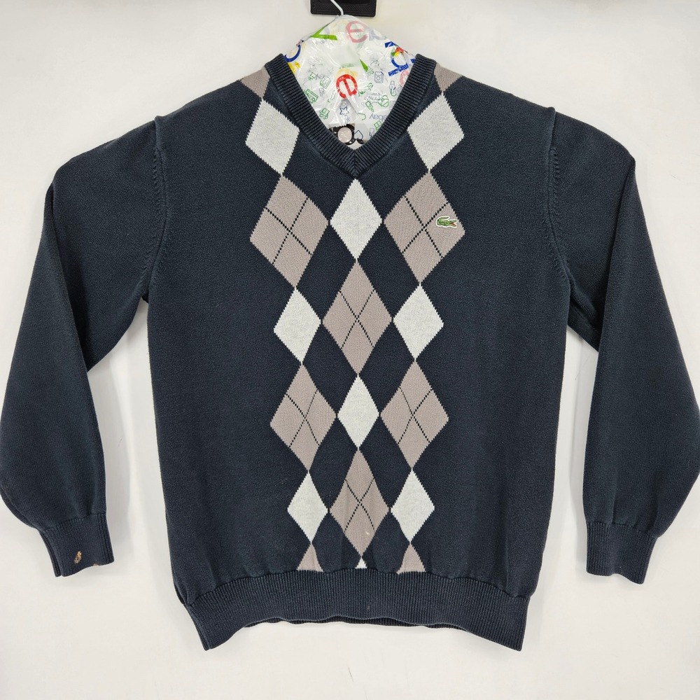 Vintage Lacoste Sweater‎ Mens Large 5 Argyle Diamond V Neck Casual Preppy FLAWS